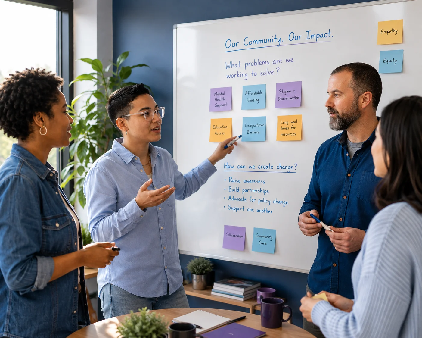 diverse group having a strategic discussion at a whiteboard