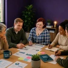 woman leading discussion at a table