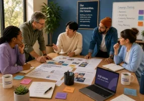 people at table; laptop open